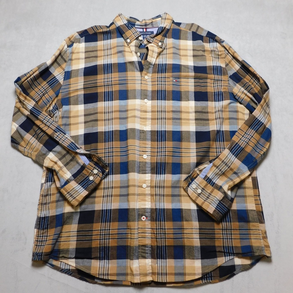 Tommy Hilfiger Mens XXL Plaid Button Down Shirt‎ Tan Navy Blue Long Sleeve Logo